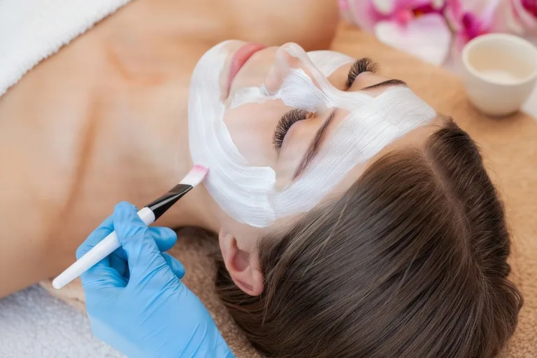 Нанесение уходовой маски на лицо во время процедуры в студии ICE FACE