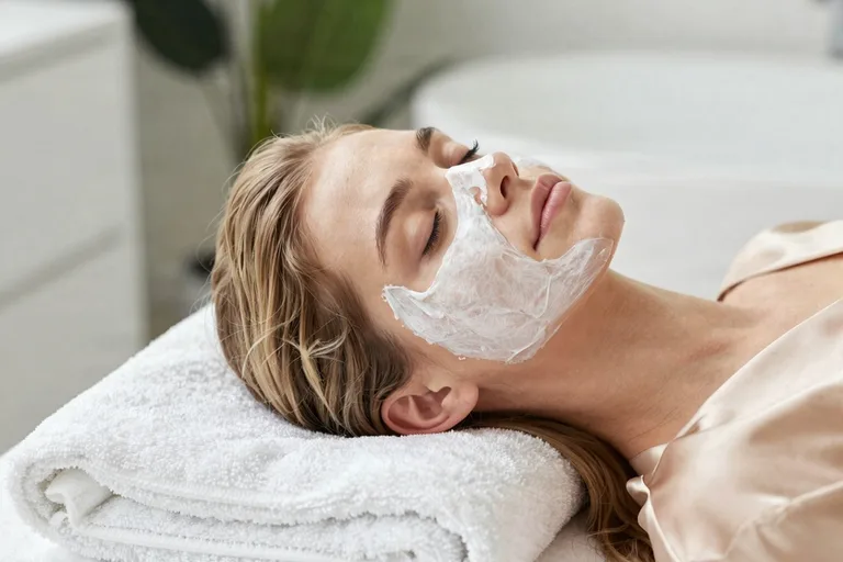 Нанесение уходовой маски на лицо во время процедуры в студии ICE FACE